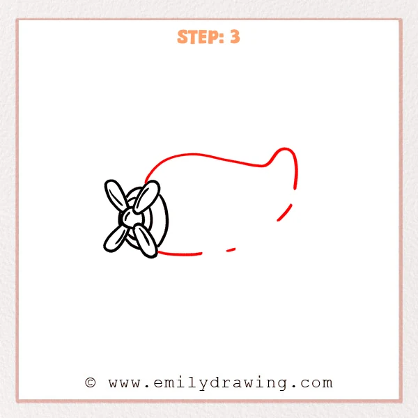 how to draw a cartoon airplane - Cartoon airplane sketch with the propeller and nose ring, plus a long curved fuselage outline extending to the right.